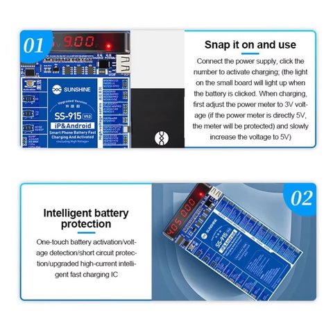 Кабели для запуска батареи Sunshine SS-915 V9.0, плата активации батареи, iphone 6 - 15 pro max / samsung / huawei / xiaomi Превью 4