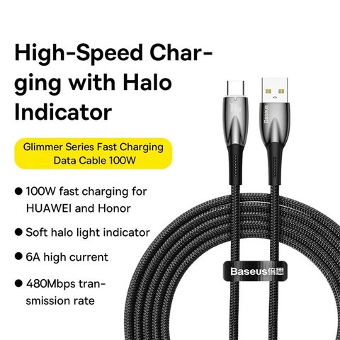 USB кабель Baseus Glimmer, USB тип-C, USB тип-A, 100 см, 100 Вт, чорний, в нейлоновому обплетенні, #CADH000401 Прев'ю 1