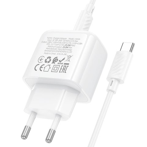 Мережевий зарядний пристрій Hoco CS53A, 25 Вт, Power Delivery (PD), білий, з кабелем USB тип-C до USB тип-C, 1 порт, #6942007631501 Прев'ю 3