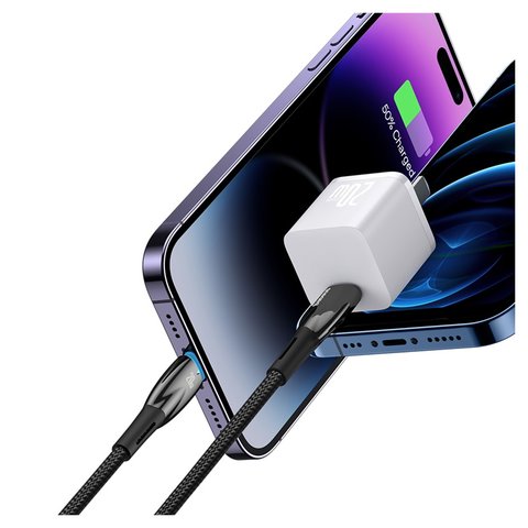 USB кабель Baseus Glimmer, USB тип-C, Lightning, 100 см, 20 Вт, черный, с индикатором, в нейлоновой оплетке, #CADH000001 Превью 2