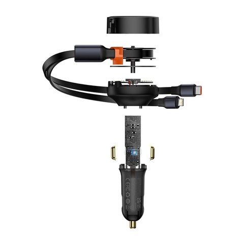 Автомобільний зарядний пристрій Baseus Enjoyment Retractable 2-in-1, чорне, Quick Charge, з кабелем, 30 Вт, 12-24 B, #CGTX000001 Прев'ю 2