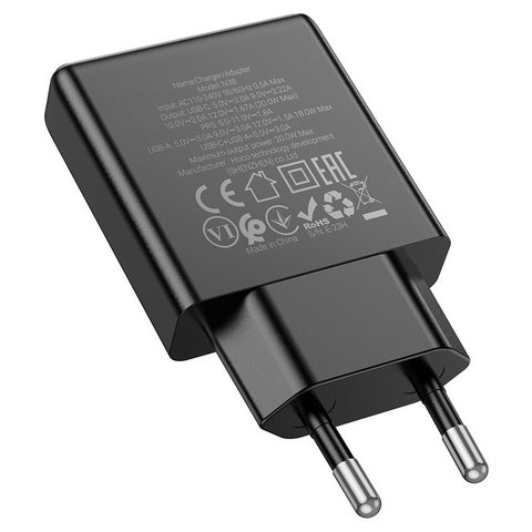 Сетевое зарядное устройство Hoco N38, 20 Вт, Quick Charge, Power Delivery (PD), черный, 2 порта, #6942007610100 Превью 1