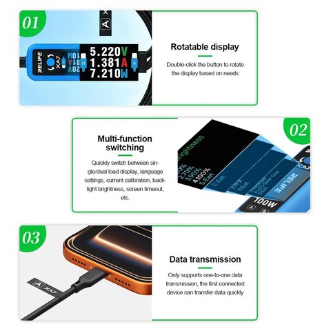 USB-тестер RELIFE XA7, USB тип-C, 2xUSB тип-C, 100W Превью 2