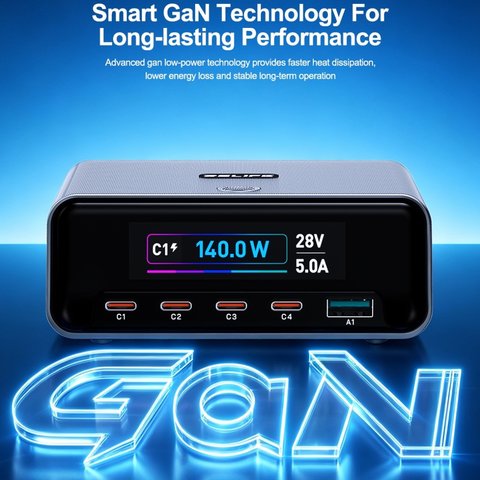 Мережевий зарядний пристрій RELIFE Q8, 165 Вт, Quick Charge, Power Delivery (PD), сірий, 5 портів Прев'ю 4